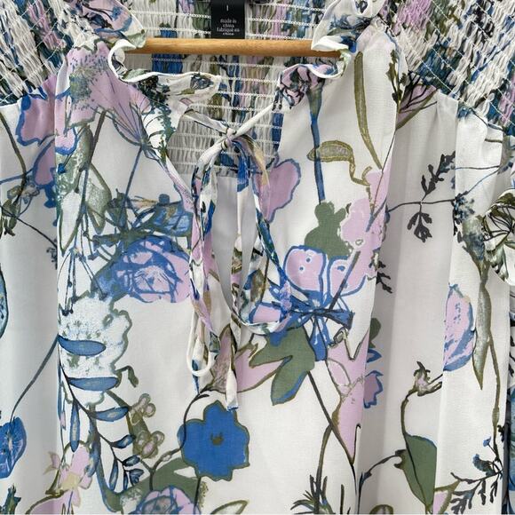 NWOT Halogen Floral Ruffle Smocked Tie Front Long Sleeve Cottagecore Blouse L - Picture 5 of 13